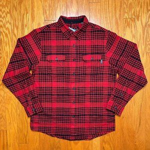 Woolrich Brawny Flannel Shacket Red Black Plaid Side Pockets Men’s Size Large